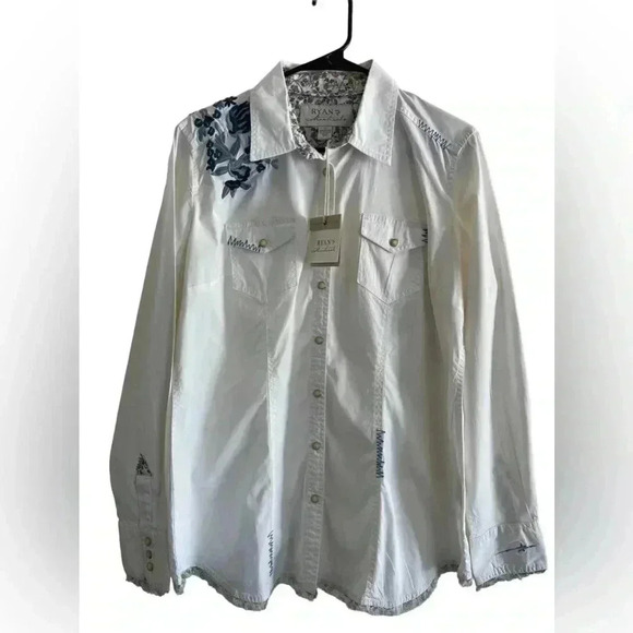 Ryan Michael Embroidered Blue Floral White shirt - Picture 1 of 11
